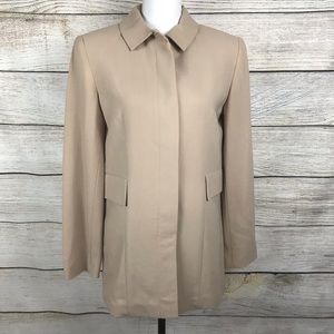 Oscar de la Renta 100% wool mid length button front trench jacket beige collared